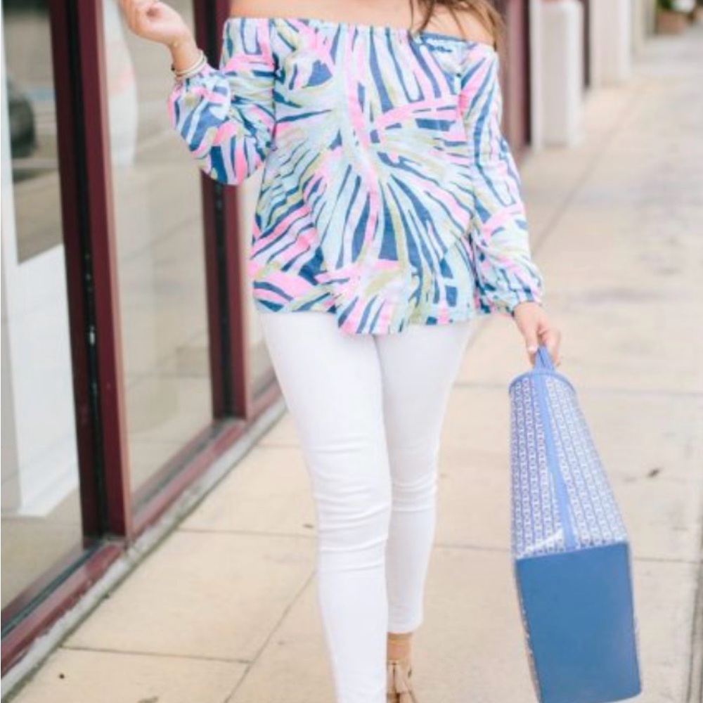 Lilly Pulitzer Blue Berri Pinch Off Shoulder Top Size S Ruffle Sleeve Blouse